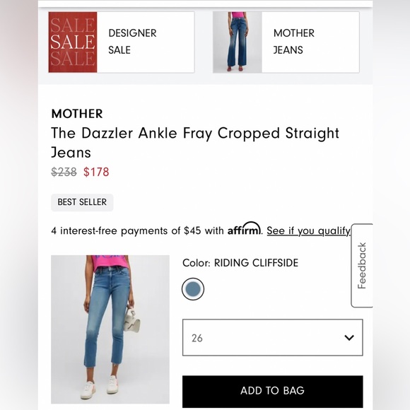 MOTHER ”The Mid Rise Dazzler Ankle Fray”Cropped Straight Jeans,Size-26 - Picture 15 of 16